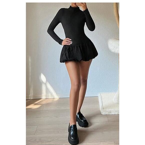 Chicgenes Women's Cut Out Backless Mock Neck Ruffle Long Sleeve Bubble Dress - Picture 3 of 5